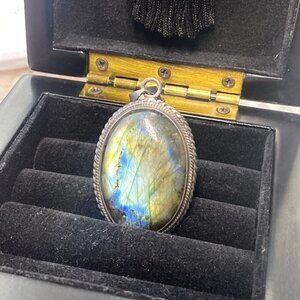 Vintage Sterling Silver 925 Labradorite Pendant Large Oval 1990s